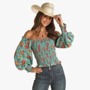 NWT XXL Rock&Roll Denim Smock Stretchy  Off-Shoulder Floral Printed Shirt